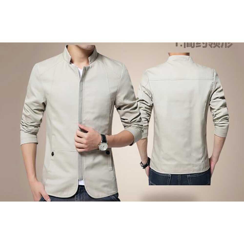Men's Autumn & Winter Business Casual Stand Collar Coat Slim Fit Jacket With Zipper Size M - Beige