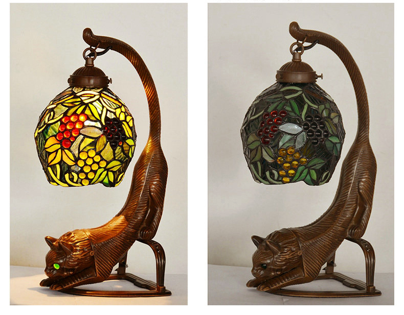 FUMAT Tiffany Style Stained Glass Handcrafted Table Lamp - Retro Cat Base Grape Design