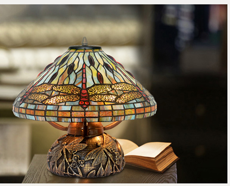 FUMAT 16 Inches Tiffany Style Stained Glass Double Lit Table Lamp - Color Glass Base Dragonfly Design