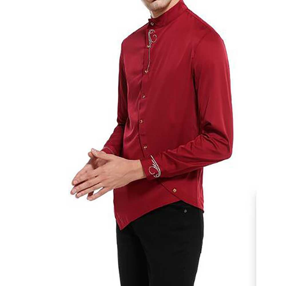 Men's Fashion Casual Long Sleeve Shirt Slim Fit Special Buttons Cotton Size S - Burgundy