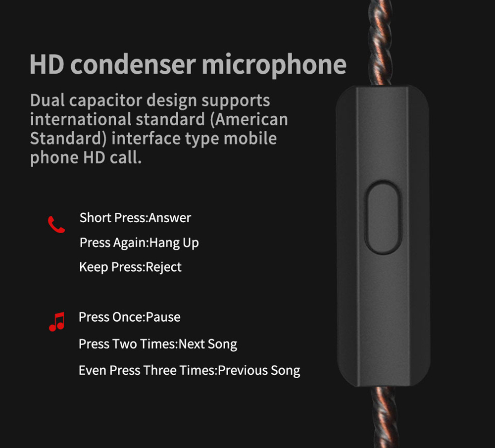 KZ AS10 5BA HiFi Stereo Earphone In-ear Earbuds with 0.75mm 2 Pin Cable - Black WITH MIC