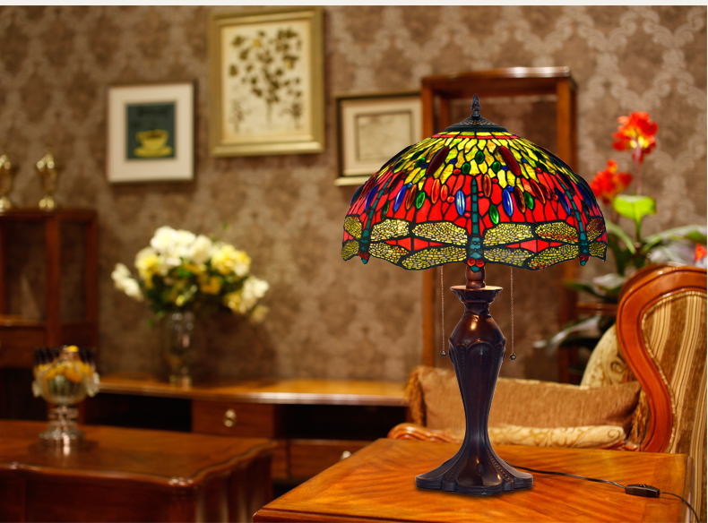 FUMAT 16" Tiffany Style Stained Glass Table Lamp - Retro Dragonfly Glass Design