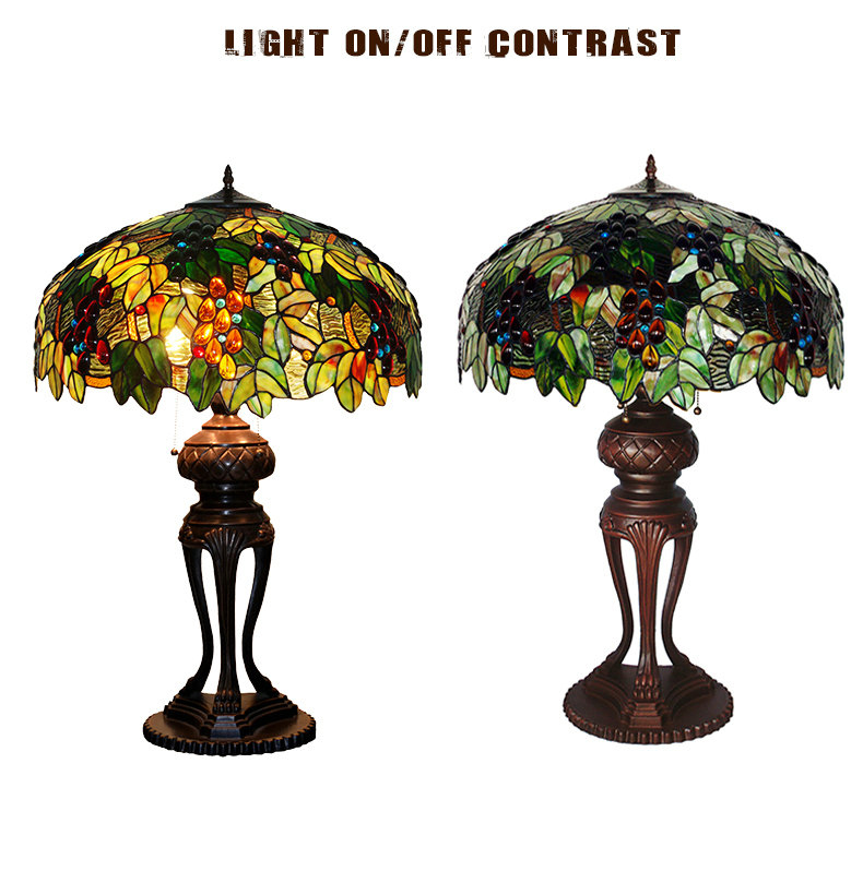 FUMAT 8" Tiffany Style Stained Glass Table Lamp - Romantic Grape Leaf Design