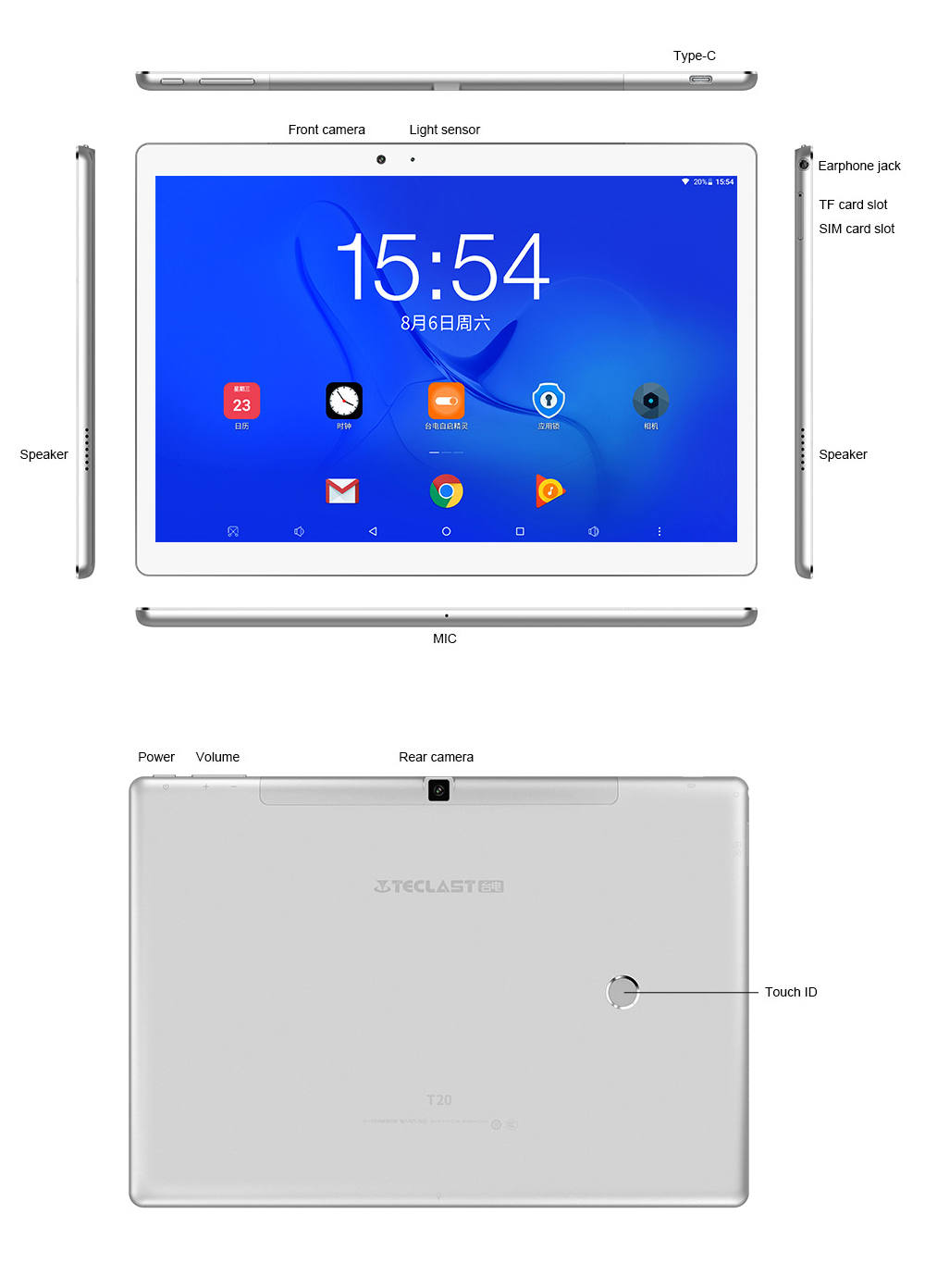 Teclast T20 4G Phablet Helio X27 MT6797T Deca Core 10.1" IPS Screen 2560*1600 Android 7.0 4GB RAM 64GB ROM Touch ID Built-in GPS GLONASS Beidou - White Silver
