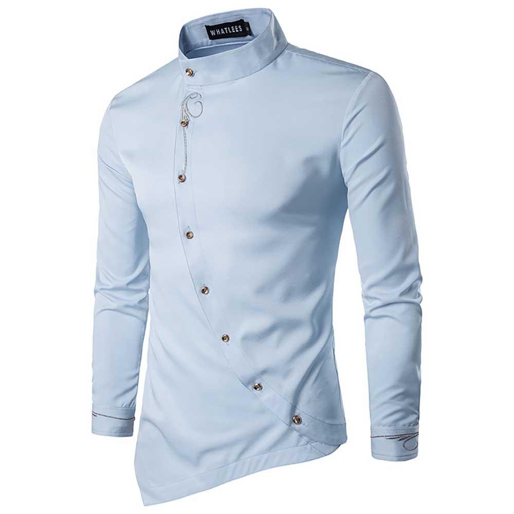 Men's Fashion Casual Long Sleeve Shirt Slim Fit Special Buttons Cotton Size S - Light Blue
