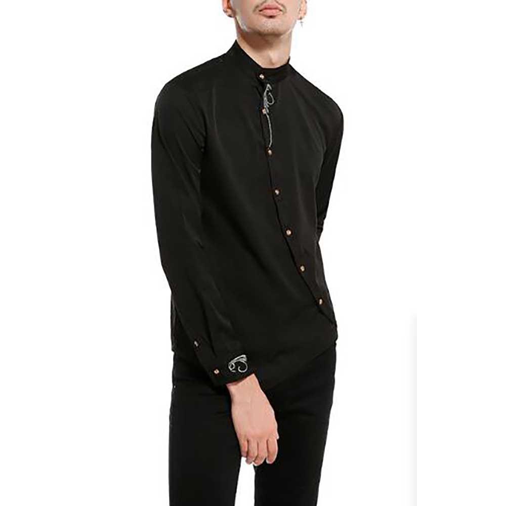 Men's Fashion Casual Long Sleeve Shirt Slim Fit Special Buttons Cotton Size S - Black