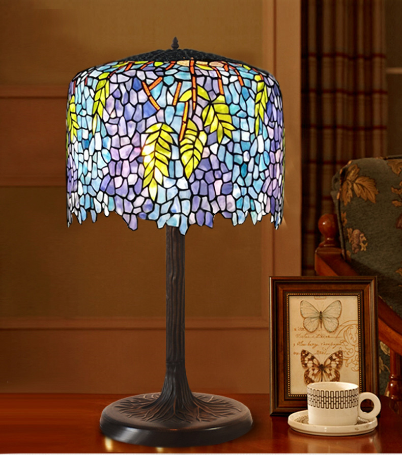 FUMAT 18 Inches Tiffany Style Stained Glass Table Lamp - Blue Mediterranean Wisteria Love Design
