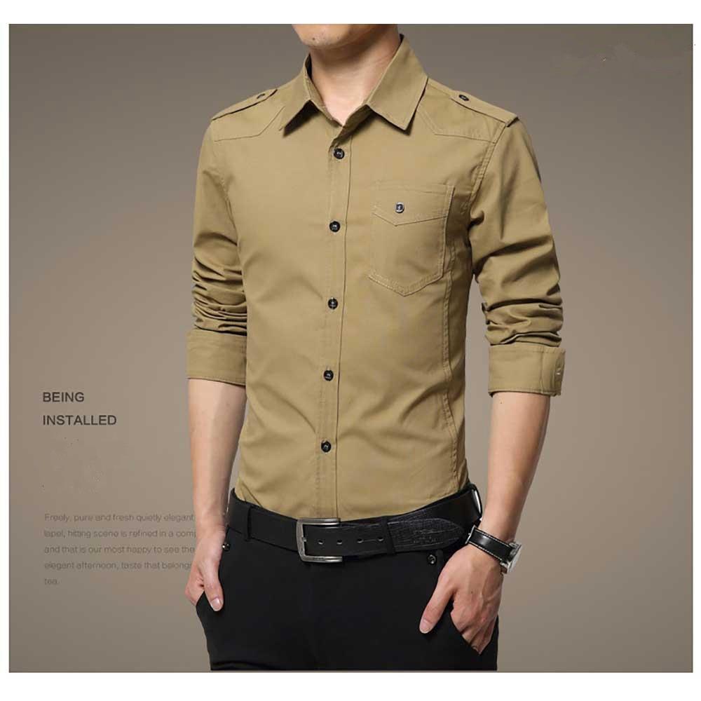 Men's Autumn Business Casual Lapel Shirt Long Sleeve Slim Fit 100% Cotton Size M - Khaki