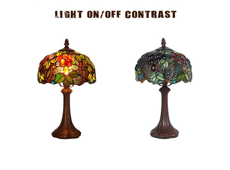FUMAT 8" Tiffany Style Stained Glass Table Lamp - Romantic Grape Leaf Design
