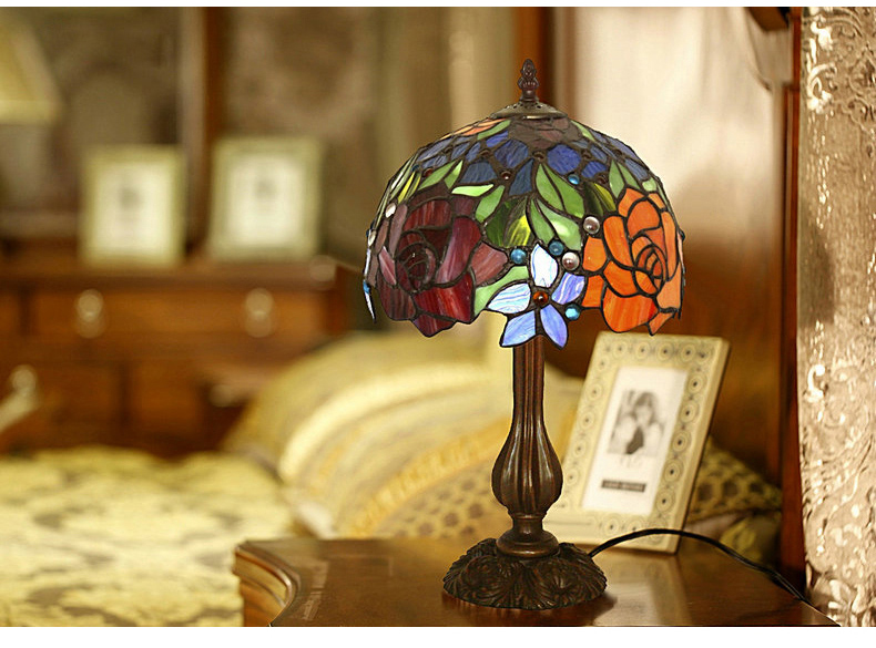 FUMAT 12" Tiffany Style Stained Glass Table Lamp - Romantic Beveled Rose Design