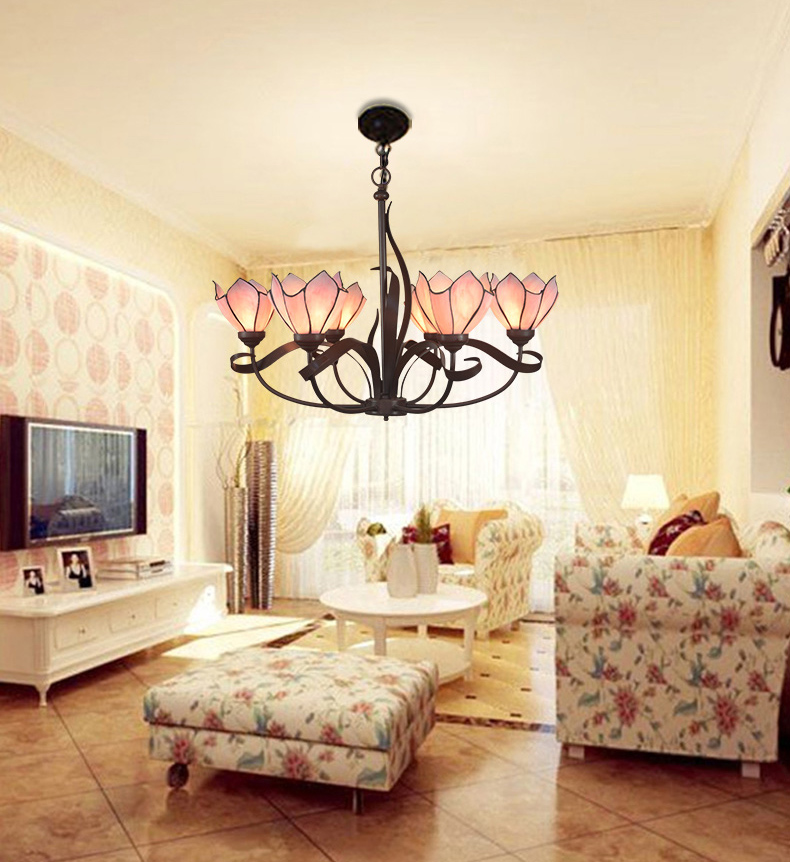 FUMAT Tiffany Style Stained Glass Handcrafted Pendant Light - Romantic Pink Flowers Design with 3 Lights