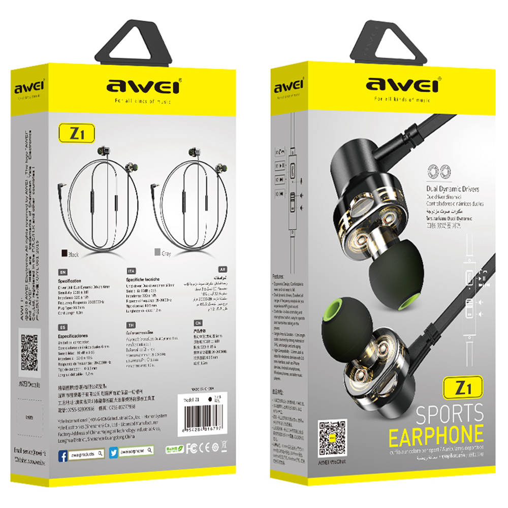 Awei Z1 Sports Earphone with Mic Dual Dynamic Drives Wire Control 3.5mm Headset for Android/iOS - Black