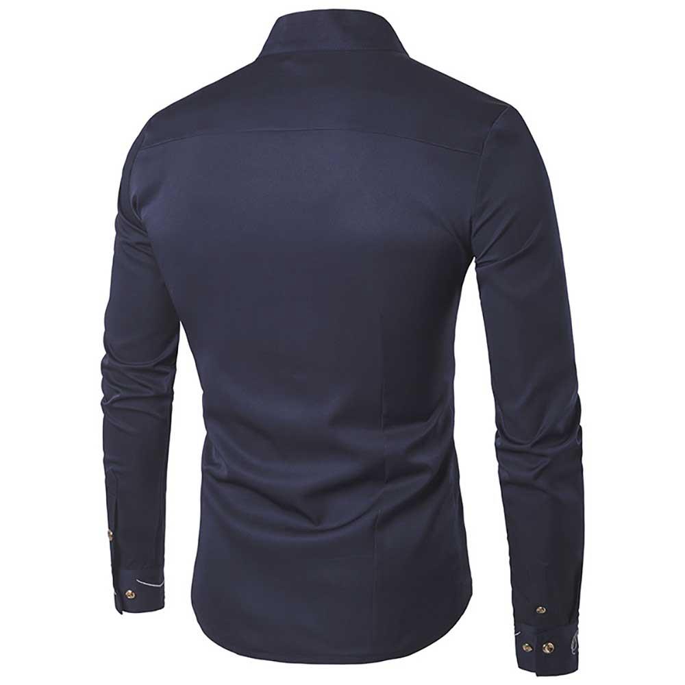 Men's Fashion Casual Long Sleeve Shirt Slim Fit Special Buttons Cotton Size S - Navy Blue