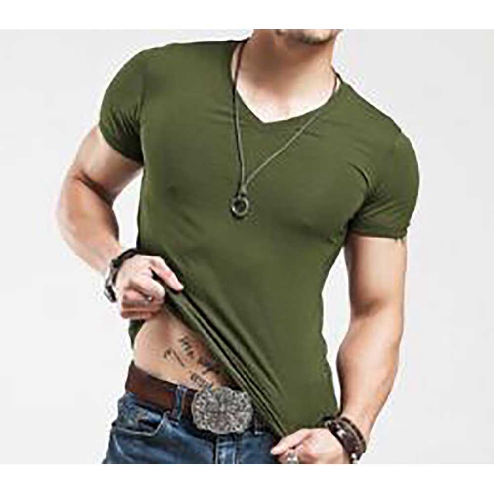 Men Solid Color Casual T-shirt Cotton Crewneck Short Sleeve Size 5XL - Army Green