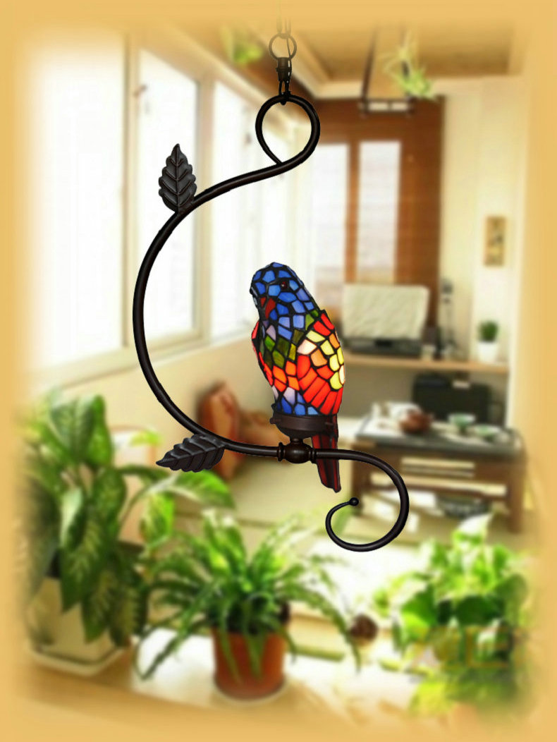 FUMAT Tiffany Style Stained Glass Handcrafted Pendant Light - Creative Green Parrot Hanging Lamp