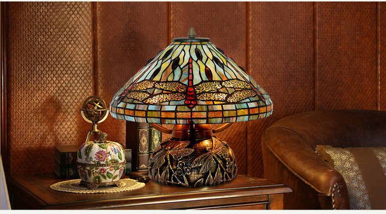 FUMAT 16 Inches Tiffany Style Stained Glass Double Lit Table Lamp - Color Glass Base Dragonfly Design