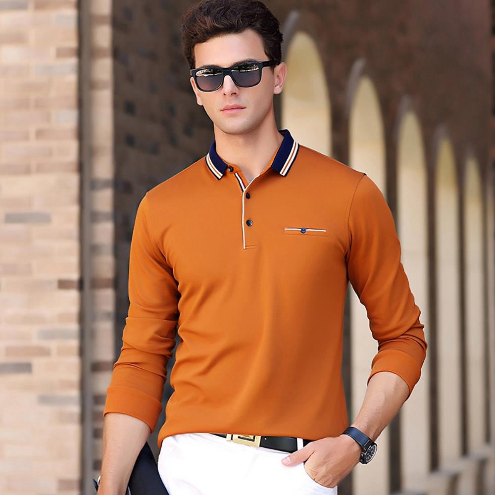 Men's Autumn Business Casual Long Sleeve Lapel Polo Shirt Anti-Pilling Size XL - Yellow