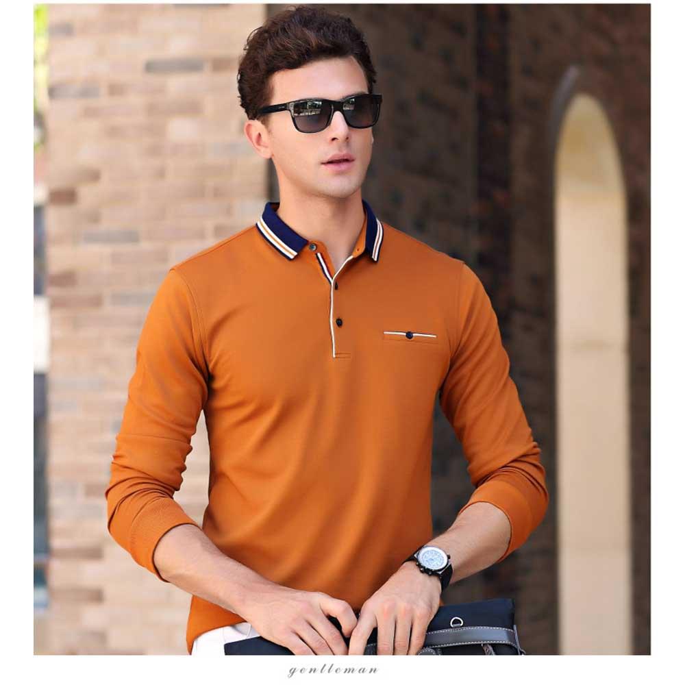 Men's Autumn Business Casual Long Sleeve Lapel Polo Shirt Anti-Pilling Size XL - Yellow