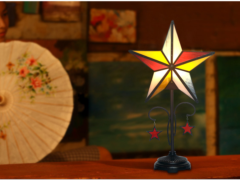 FUMAT Tiffany Style Stained Glass Handcrafted Table Lamp - Creative Five-pointed Star Design