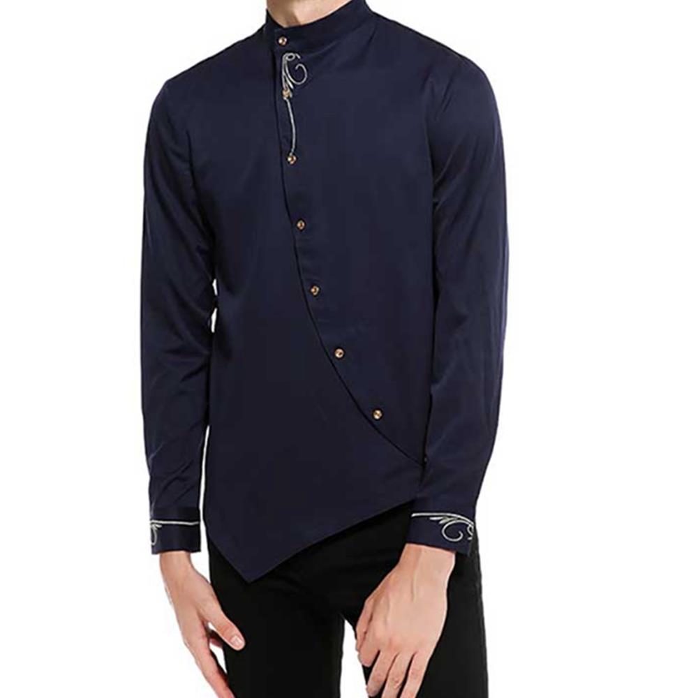 Men's Fashion Casual Long Sleeve Shirt Slim Fit Special Buttons Cotton Size S - Navy Blue