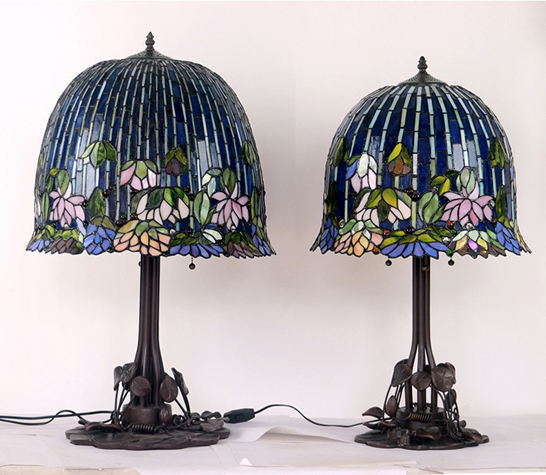 FUMAT 18 Inches Tiffany Style Stained Glass Metal Iron Base Handcrafted Table Lamp - Romantic Lotus Moonlight Design