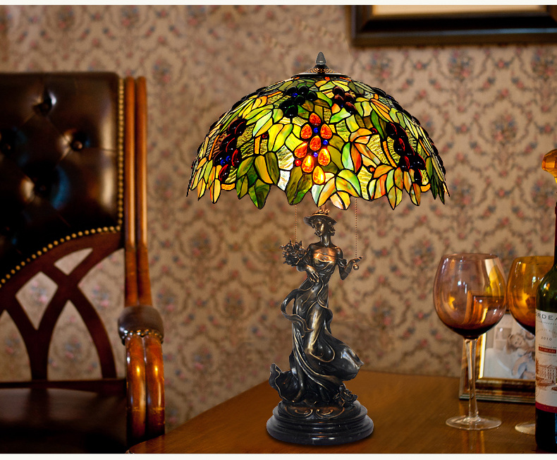 FUMAT Tiffany Style Stained Glass Handcrafted Table Lamp - Copper Antique Saintess Floral Two-tone Rose Design