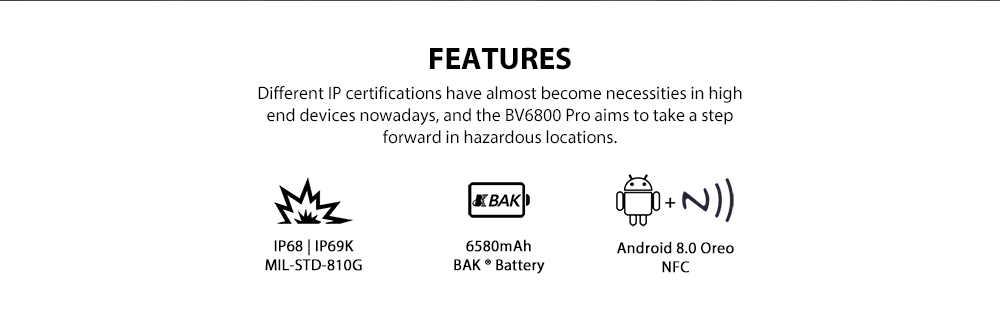 Blackview BV6800 Pro 5.7 Inch 4G LTE Smartphone MT6750T 4GB 64GB 16.0MP Dual Rear Cameras Android 8.0 IP68 Wireless Charging 6580mAh Type-C NFC - Yellow