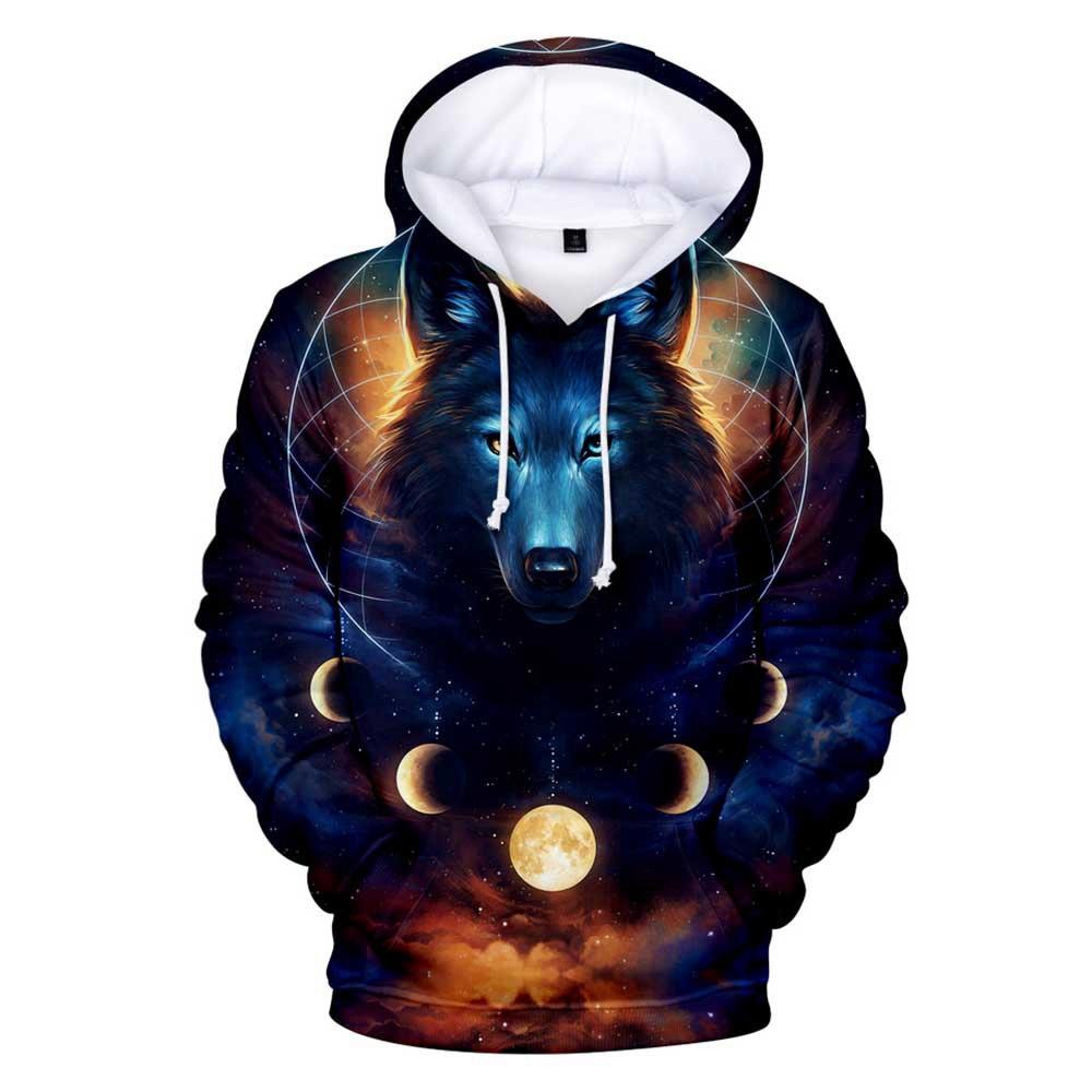 3D Digital Printed Moon Wolf Pattern Men Long Sleeve Pullover Hoodie Sweatshirt Size S - Multi-color