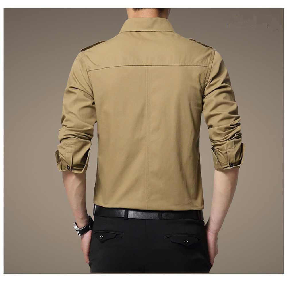 Men's Autumn Business Casual Lapel Shirt Long Sleeve Slim Fit 100% Cotton Size M - Khaki