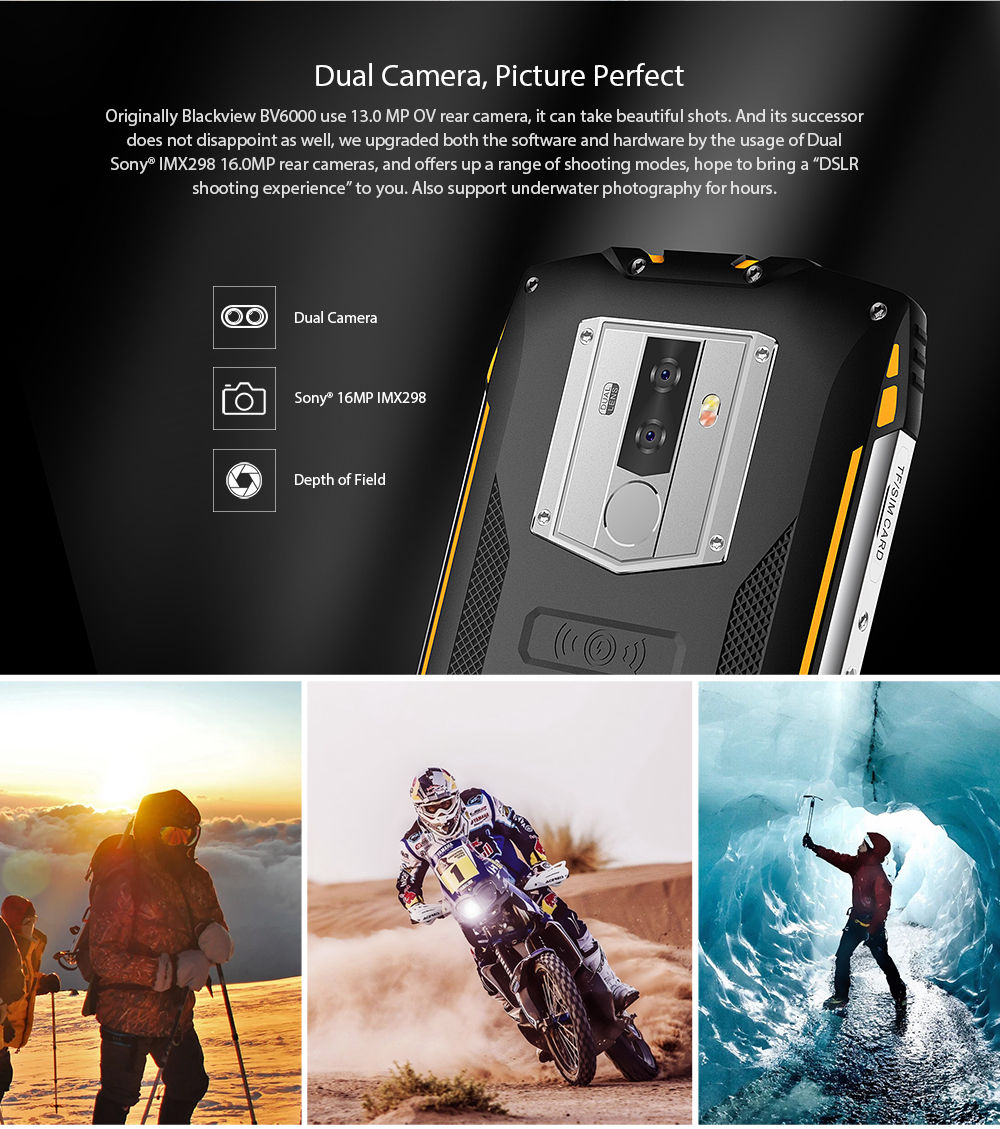 Blackview BV6800 Pro 5.7 Inch 4G LTE Smartphone MT6750T 4GB 64GB 16.0MP Dual Rear Cameras Android 8.0 IP68 Wireless Charging 6580mAh Type-C NFC - Yellow