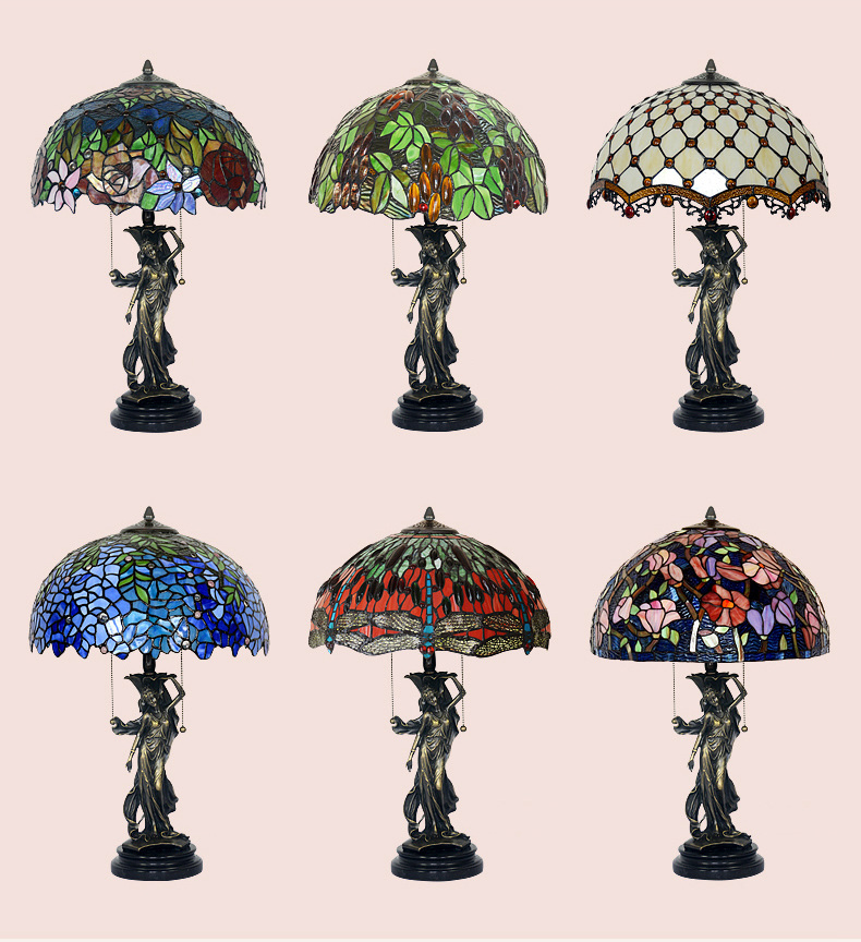 FUMAT Tiffany Style Stained Glass Handcrafted Table Lamp - Copper Antique Saintess Two-tone Rose Design