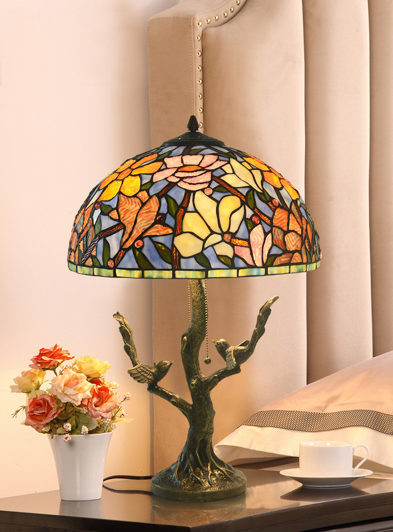 FUMAT 16 Inches Tiffany Style Stained Glass Handcrafted Table Lamp - Resin Base Magnolia Blossom Design