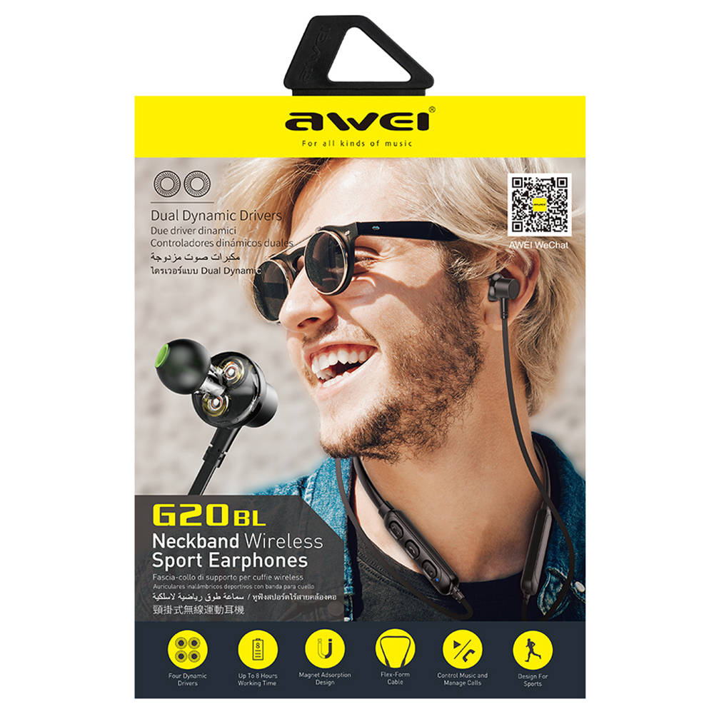 Awei G20BL Neckband Wireless Bluetooth Sport Earphones Magnetic Waterproof Headphones - Grey