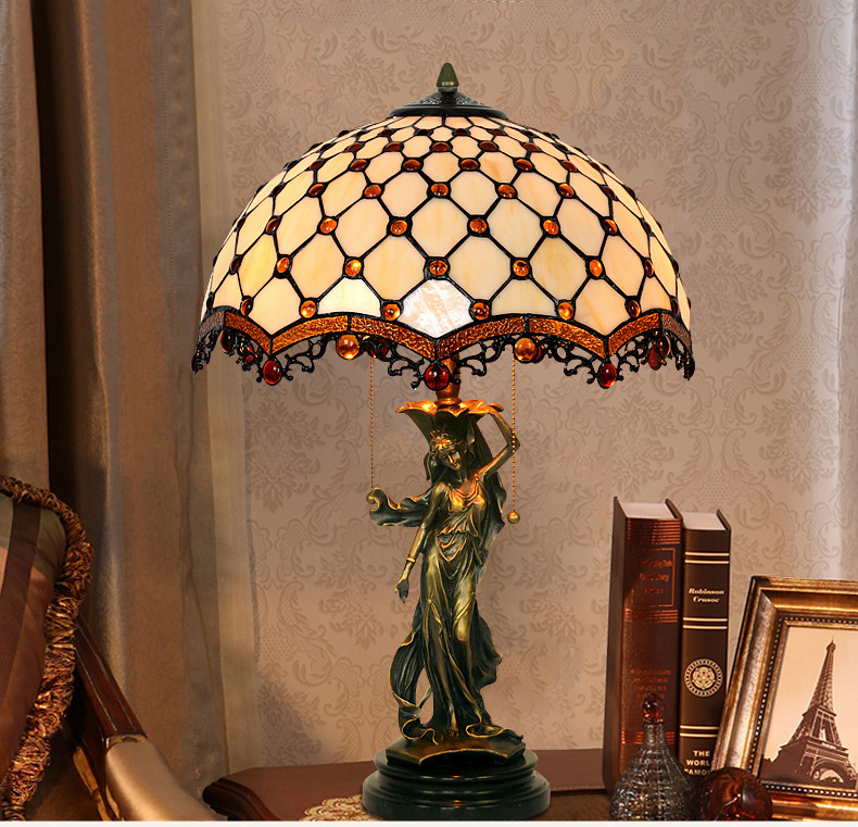 FUMAT Tiffany Style Stained Glass Handcrafted Table Lamp - Copper Antique Music Prince Bead Curtain Design