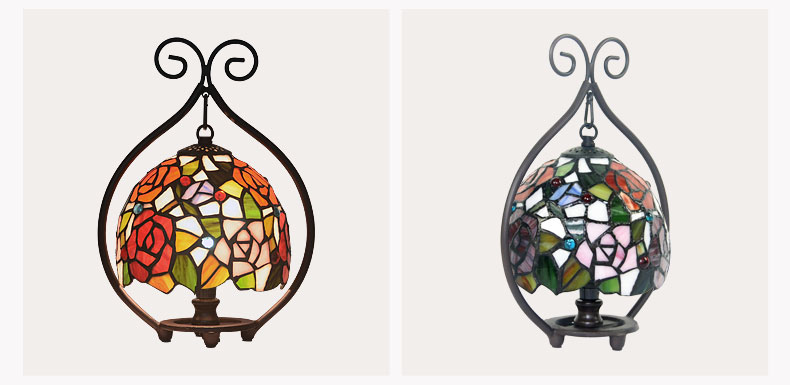 FUMAT 9 Inches Tiffany Style Stained Glass Handcrafted Round Mini Table Lamp - Romantic Rose Design