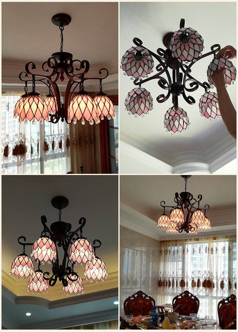FUMAT Tiffany Style Stained Glass Handcrafted Chandelier - Wrought Iron Pink Floral Design with 6 Lights
