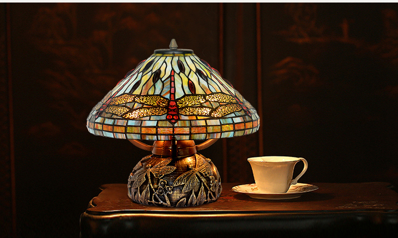 FUMAT 16 Inches Tiffany Style Stained Glass Double Lit Table Lamp - Color Glass Base Dragonfly Design