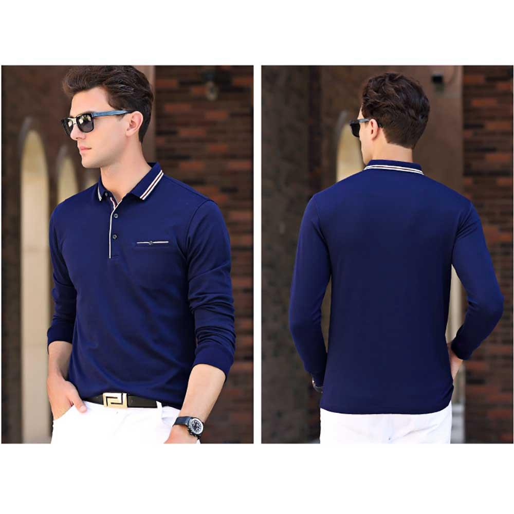 Men's Autumn Business Casual Long Sleeve Lapel Polo Shirt Anti-Pilling Size XL - Blue