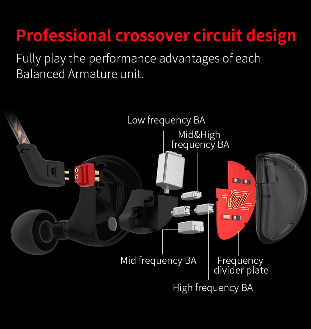 KZ AS10 5BA HiFi Stereo Earphone In-ear Earbuds with 0.75mm 2 Pin Cable - Black WITH MIC