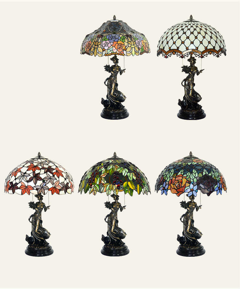 FUMAT Tiffany Style Stained Glass Handcrafted Table Lamp - Copper Antique Saintess Floral Two-tone Rose Design