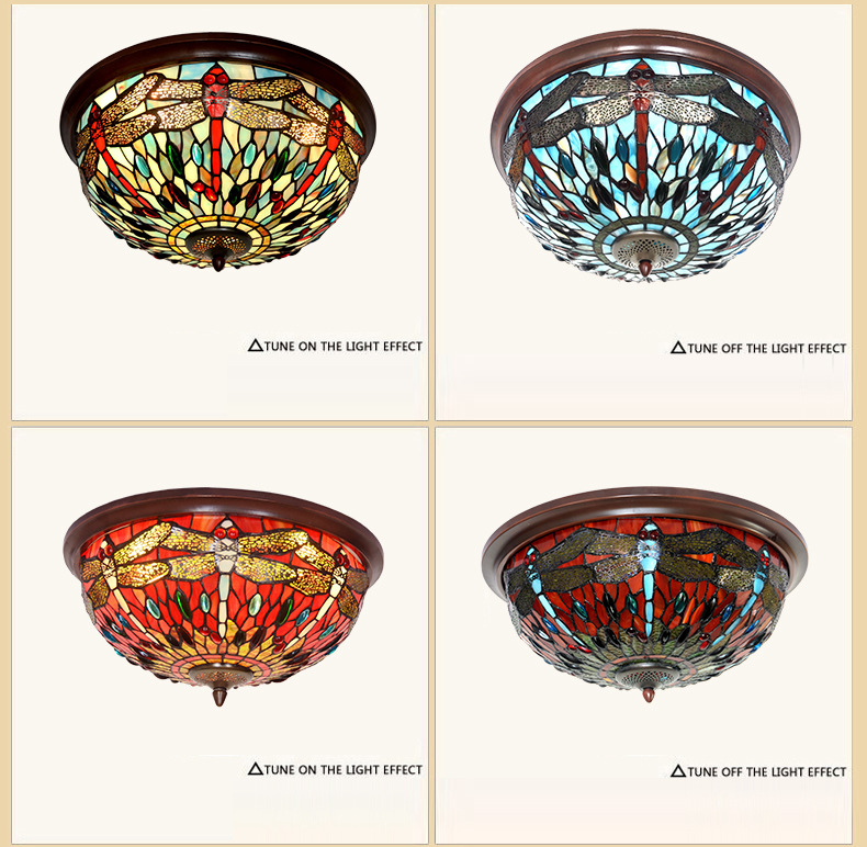 FUMAT Tiffany Style Stained Glass Handcrafted Retro Ceiling Light - Retro Dragonfly Nightfall Red Design