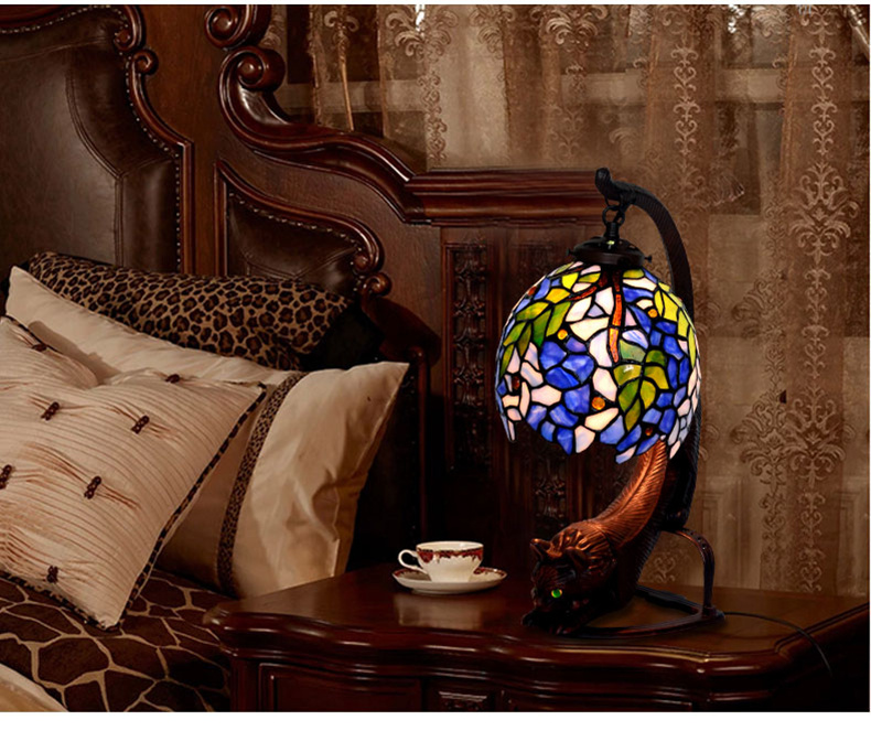 FUMAT Tiffany Style Stained Glass Handcrafted Table Lamp - Retro Cat Base Grape Design