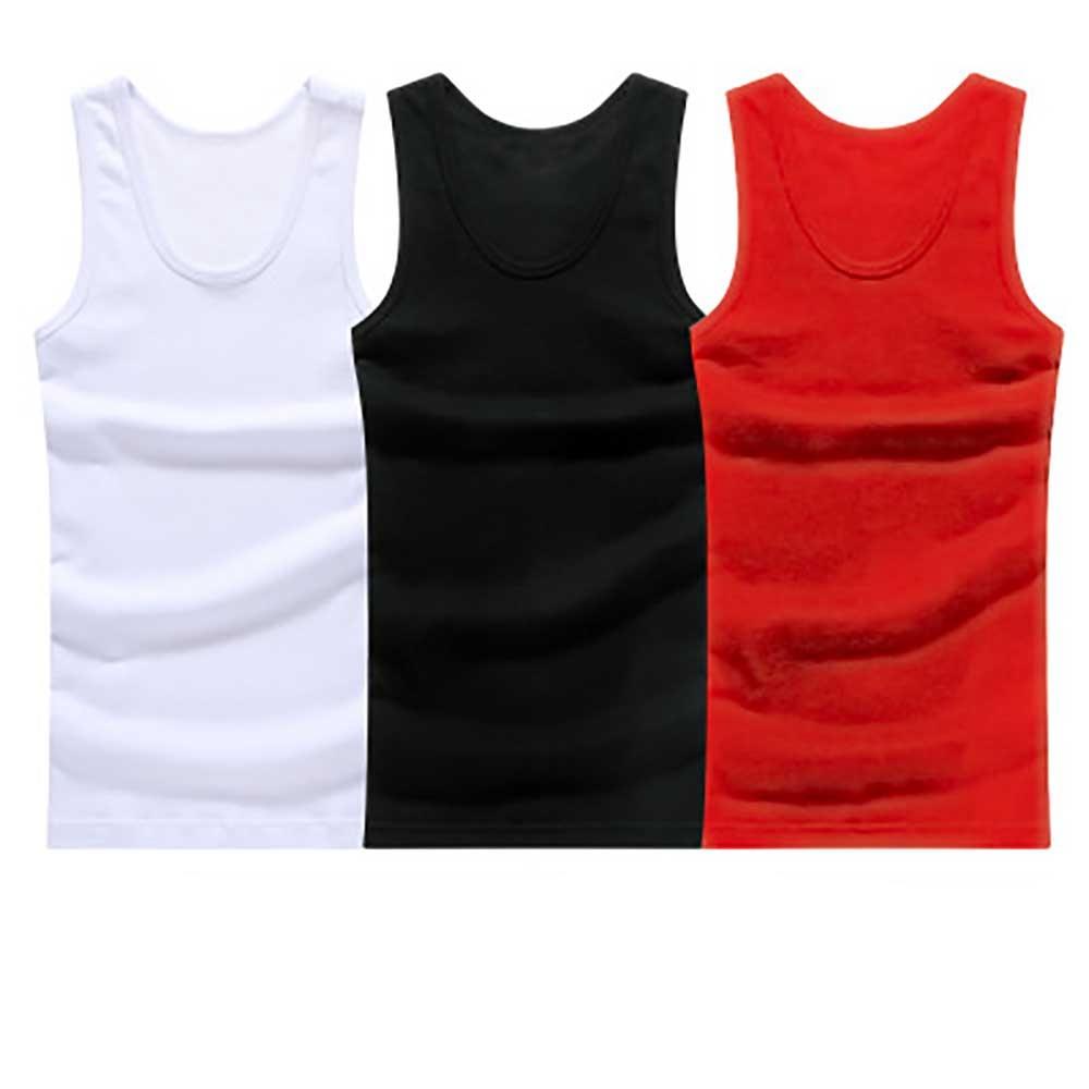 3PCS Men's Solid Color Sleeveless Slim Fit Cotton Vest Size 3XL - White/Black/Red