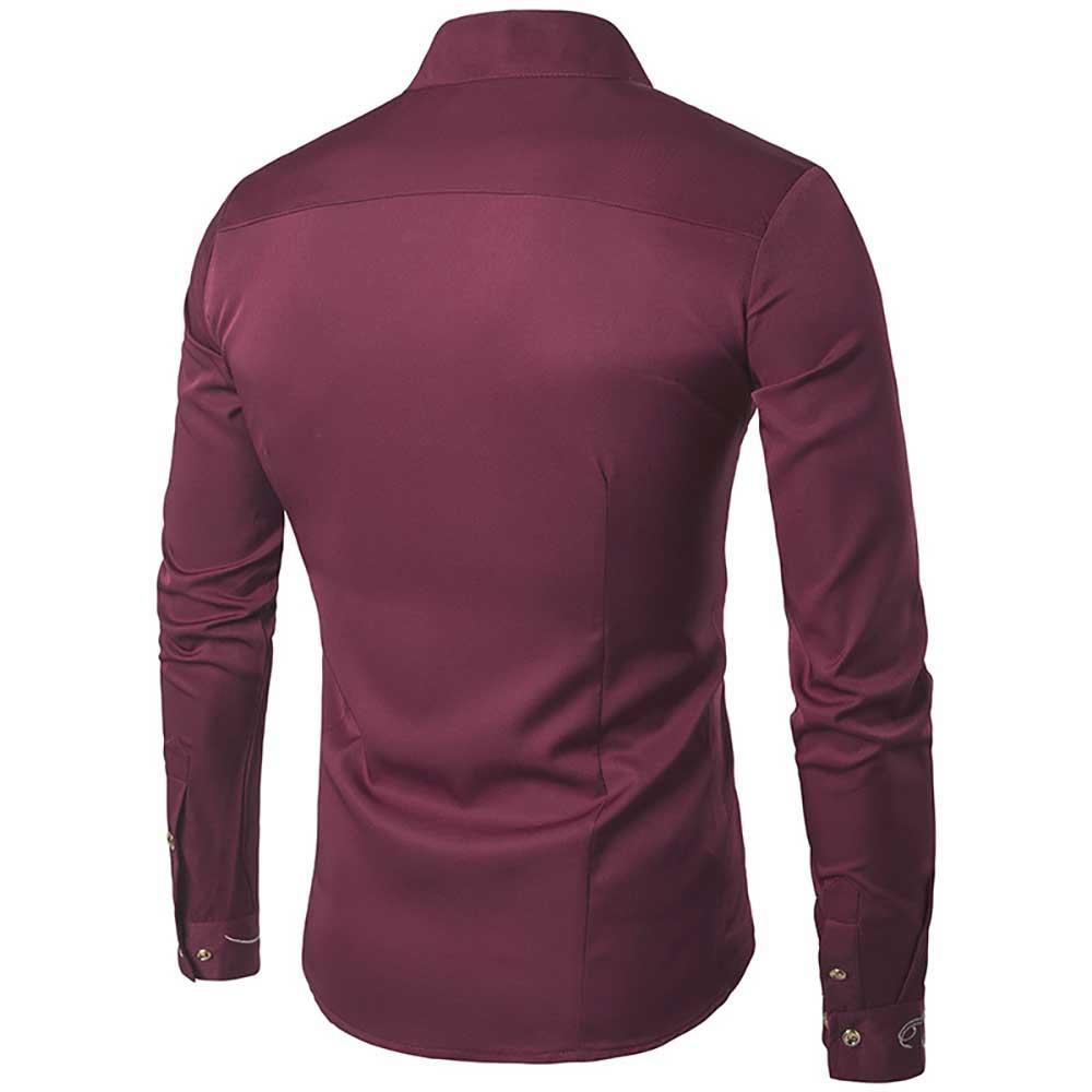 Men's Fashion Casual Long Sleeve Shirt Slim Fit Special Buttons Cotton Size S - Burgundy