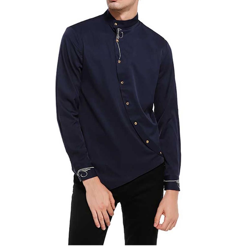 Men's Fashion Casual Long Sleeve Shirt Slim Fit Special Buttons Cotton Size S - Navy Blue
