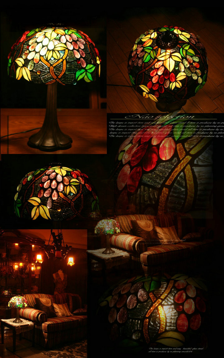 FUMAT 8" Tiffany Style Stained Glass Table Lamp - Romantic Grape Leaf Design