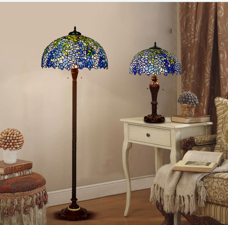FUMAT 20 Inch Tiffany Style Stained Glass Handcrafted Double Lit Table Lamp - Romantic Wisteria Female Crane Bird Design