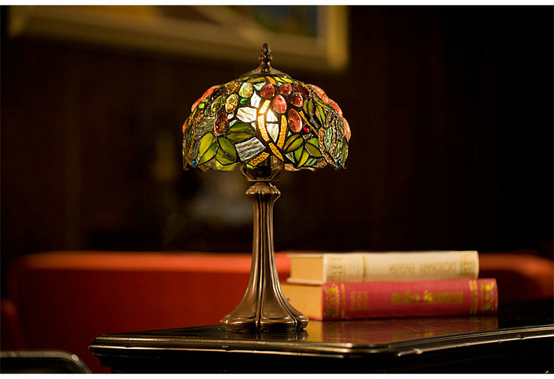 FUMAT 8" Tiffany Style Stained Glass Table Lamp - Romantic Grape Leaf Design