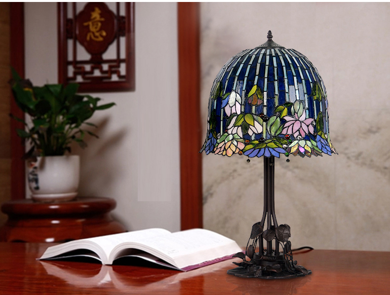 FUMAT 18 Inches Tiffany Style Stained Glass Metal Iron Base Handcrafted Floor Lamp - Romantic Lotus Moonlight Design