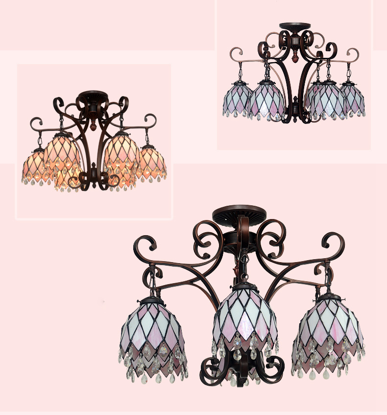 FUMAT Tiffany Style Stained Glass Handcrafted Chandelier - Wrought Iron Pink Floral Design with 6 Lights